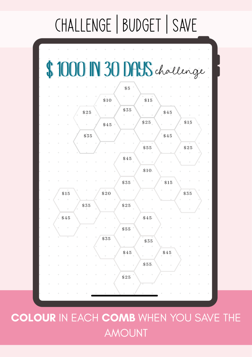 $1000 in 30 Days Challenge tracker for mindful saving and budgeting goals.