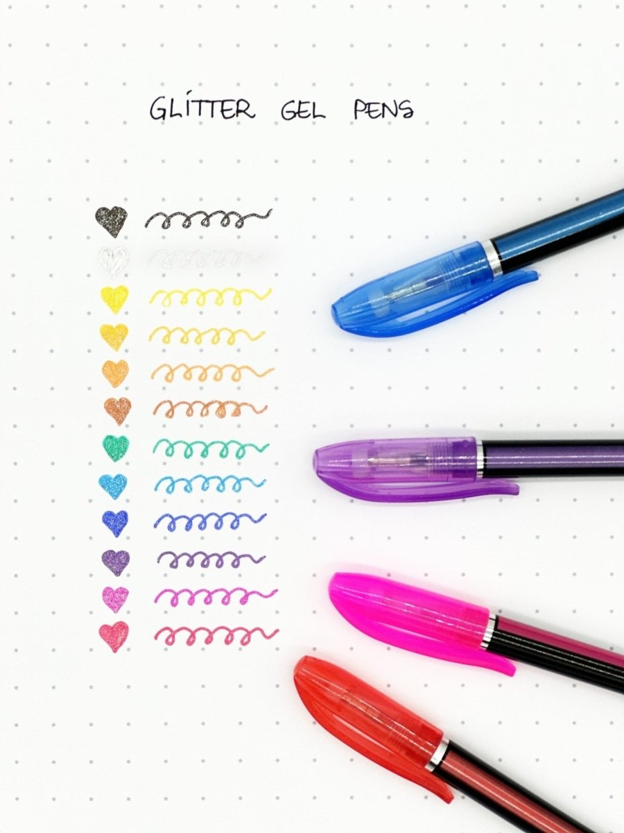 12 glitter gel pens with shimmer ink inside a clear storage pouch