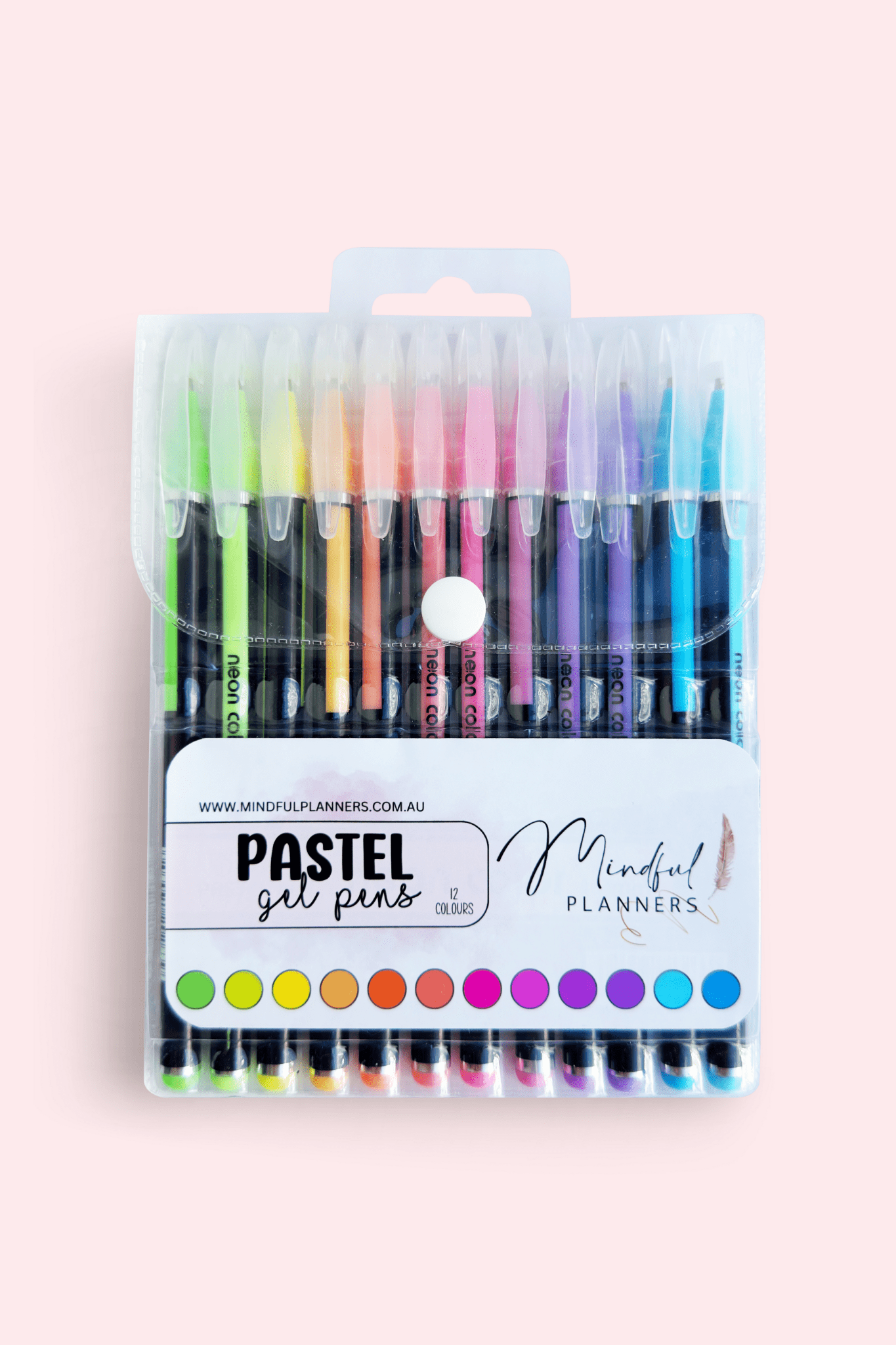 12pc pastel gel pens for journaling on A5 bullet journal page — Mindful Planners