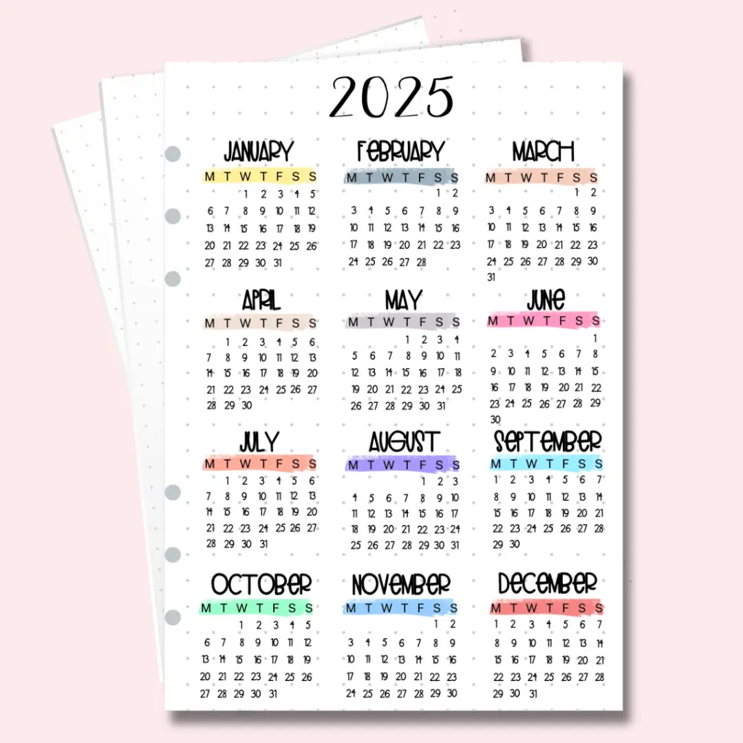 2025 calendar sheet for A5 bullet journal page