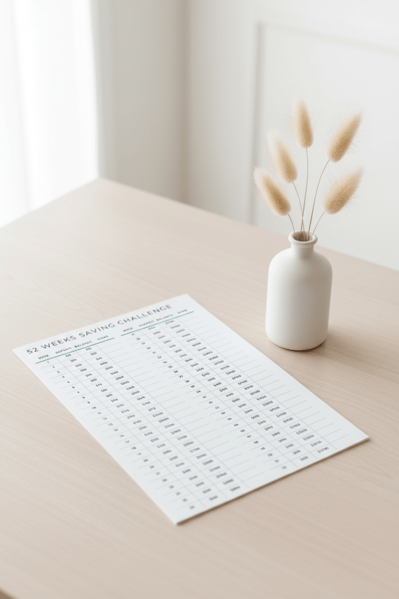52 weeks saving challenge A5 page on timber desk with dried
grass — savings tracker pages Australia
