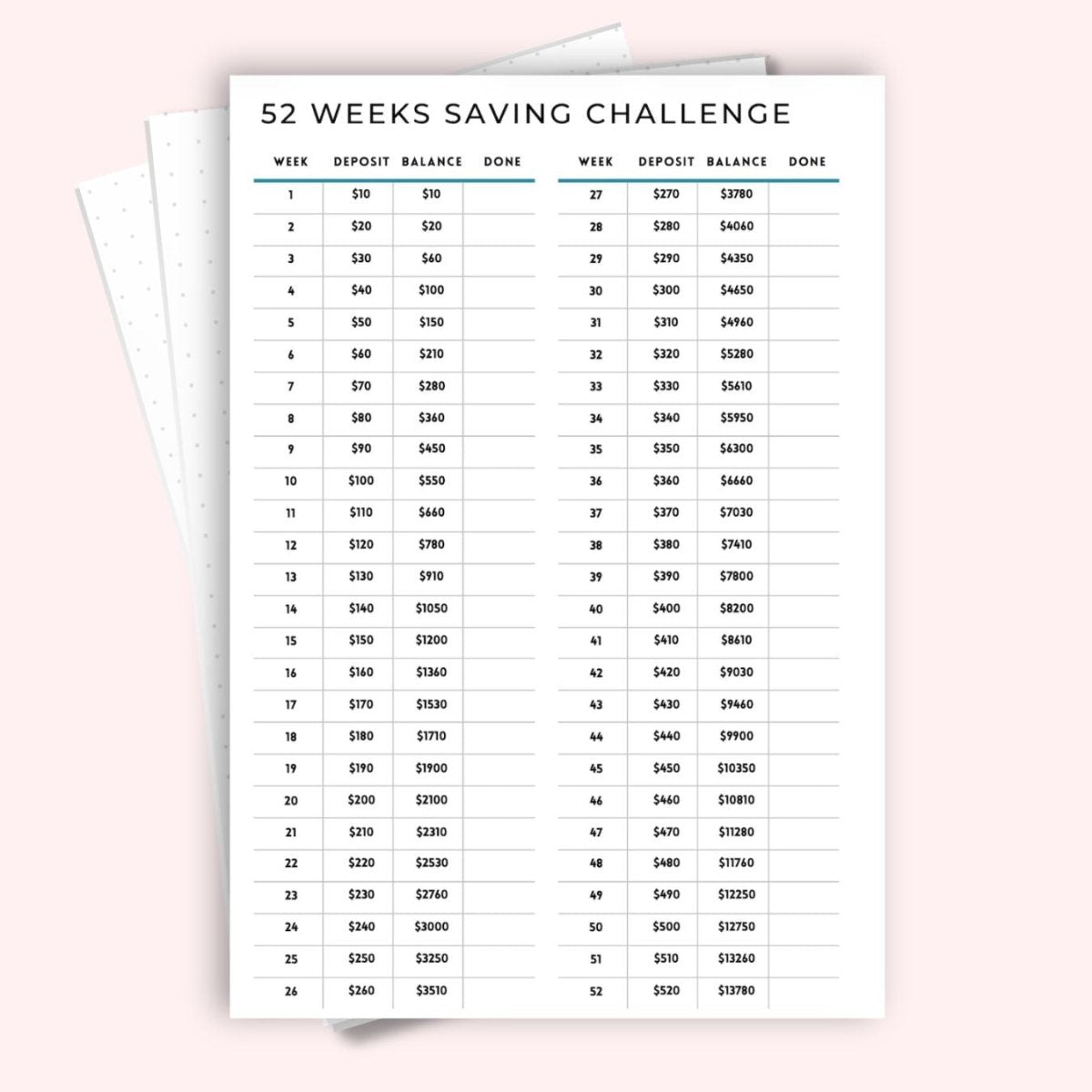52 weeks saving challenge A5 page — weekly deposit and balance
tracker, save up to $13,780