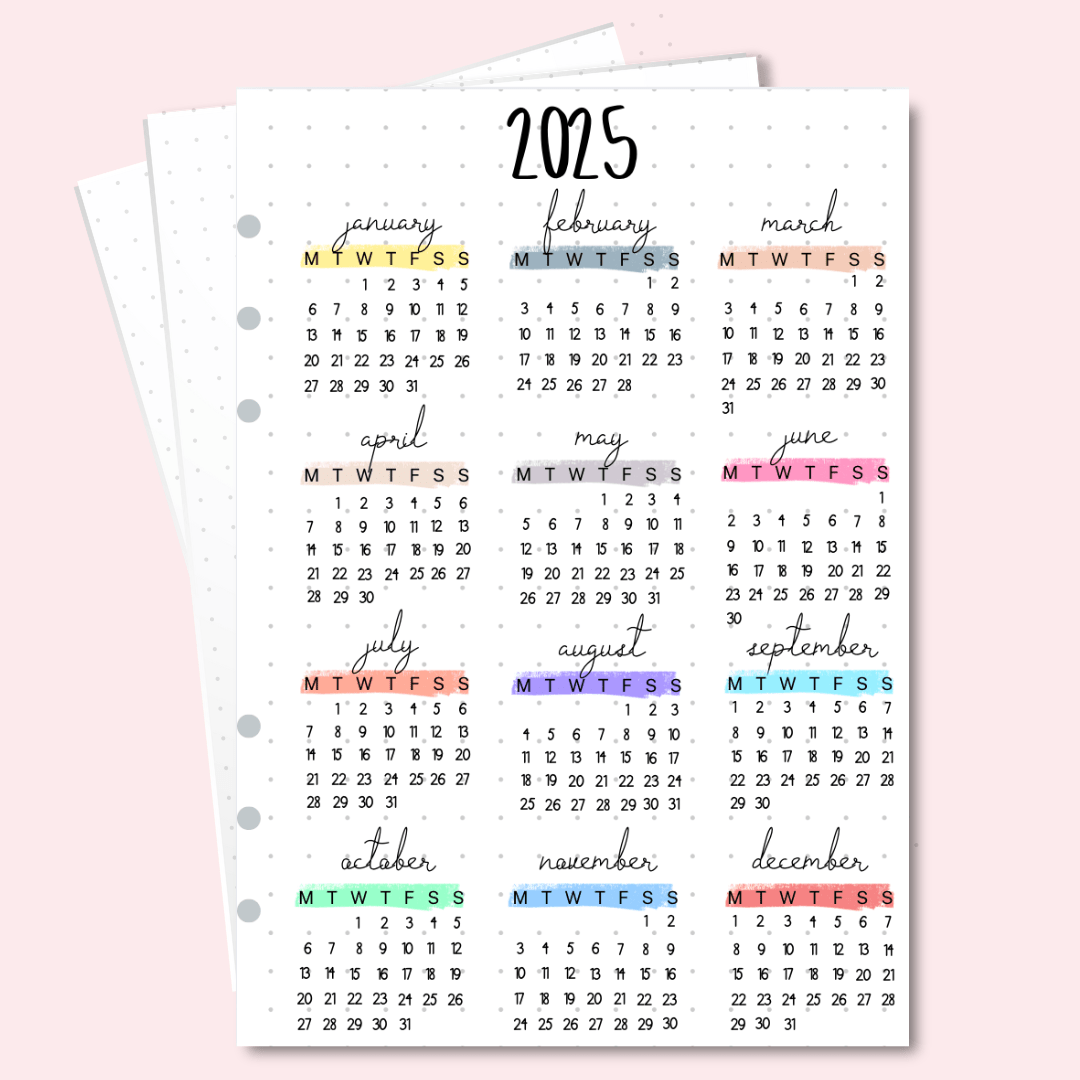 A5 2025 calendar template on one page for bullet journaling
