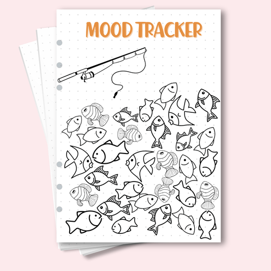A5 August mood tracker journal page with fishing and 31 fish to colour
