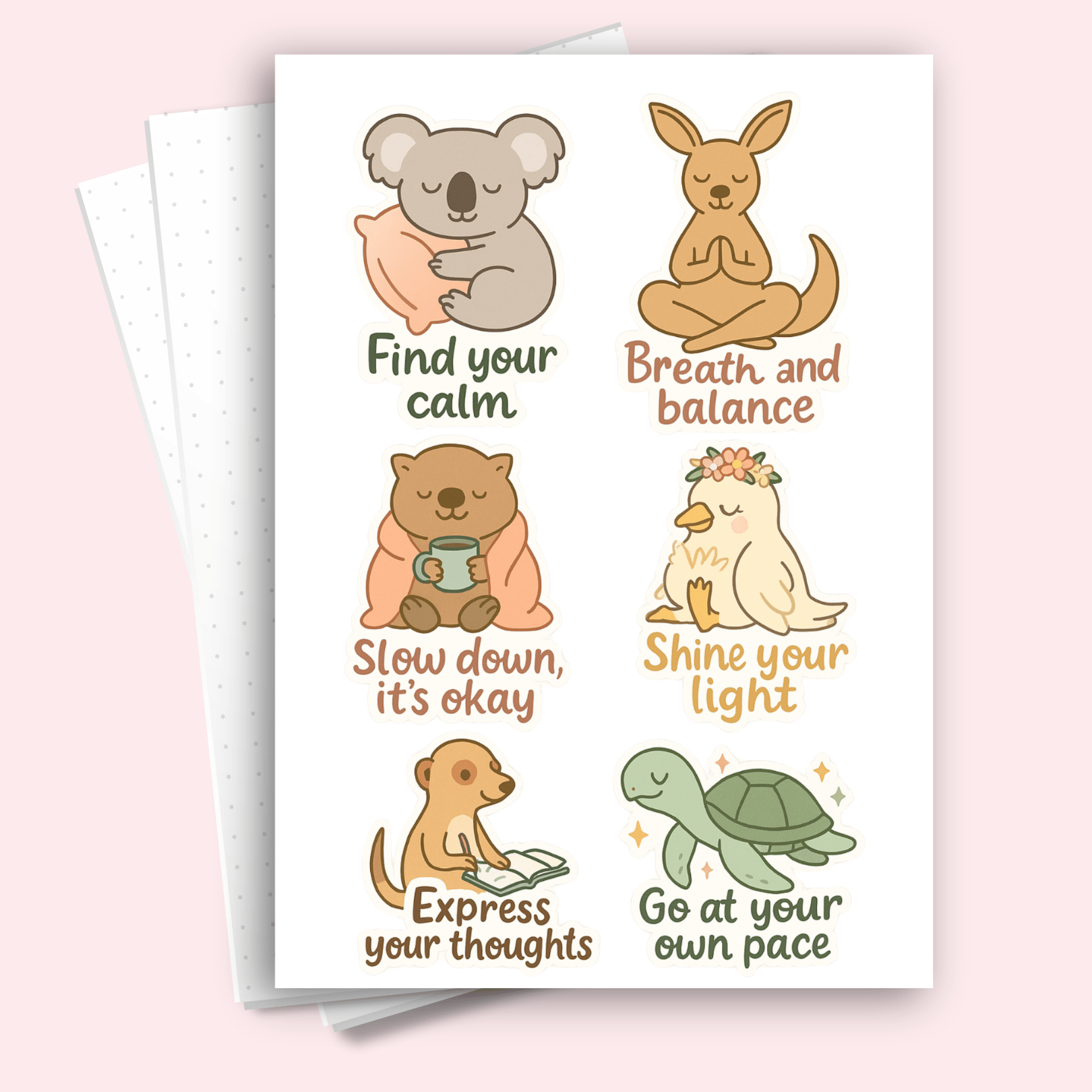 A5 Australian Animals Self-Care Sticker Sheet with koalas and kangaroos designed for bullet journals