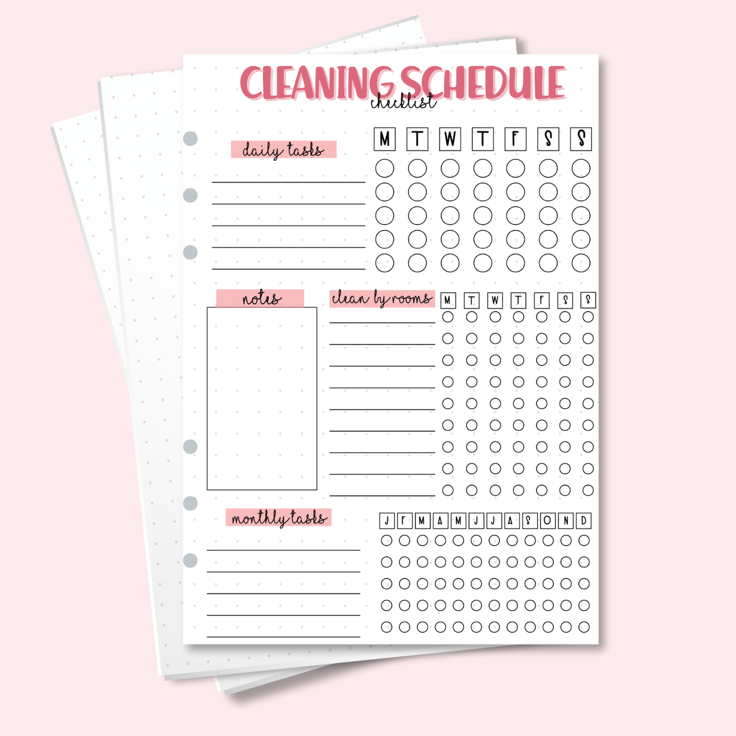 A5 Cleaning Schedule Checklist Journal Page with room-by-room task layout