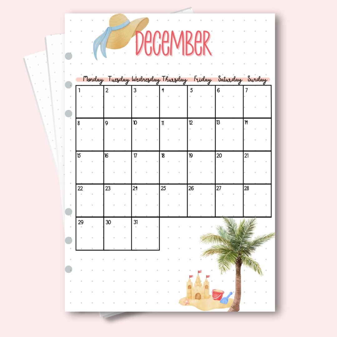 A5 December 2025 calendar page with tropical palm and sandcastle