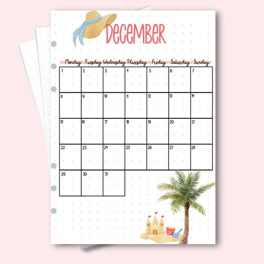 A5 December 2025 calendar page with tropical palm and sandcastle