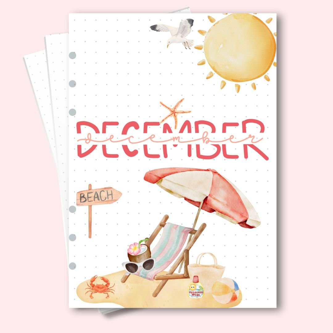 A5 December 2025 cover page with beach umbrella and sun design