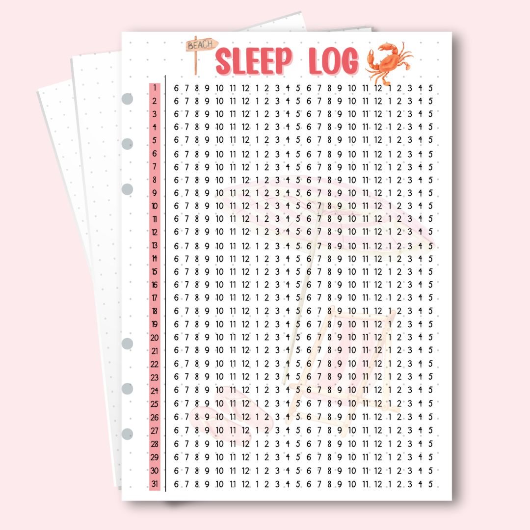 A5 December 2025 sleep log with crab and beach sign design