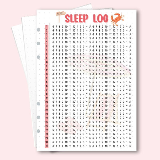 A5 December 2025 sleep log with crab and beach sign design