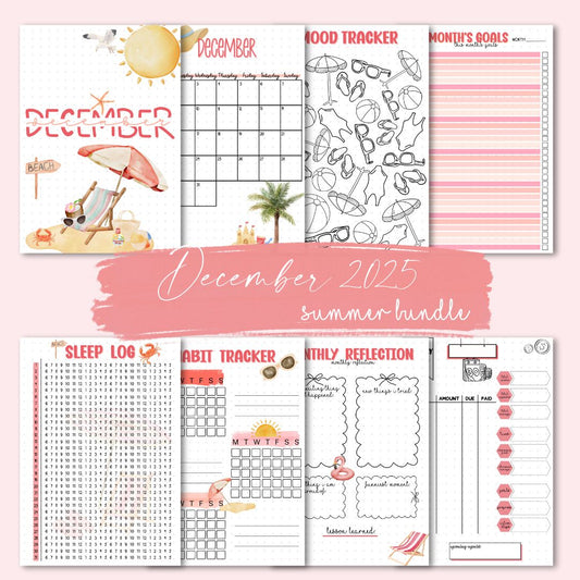 A5 December 2025 summer bundle with 8 planner pages