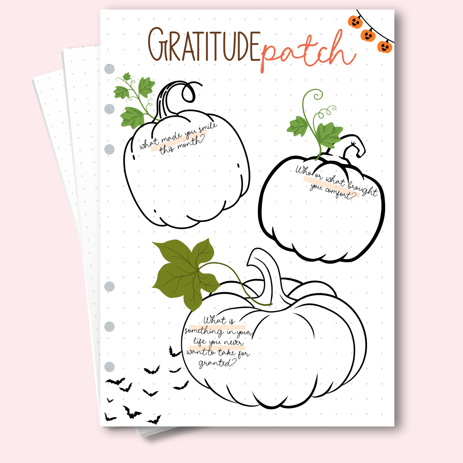 A5 Halloween Gratitude Patch Journal Page with pumpkin prompts for journaling