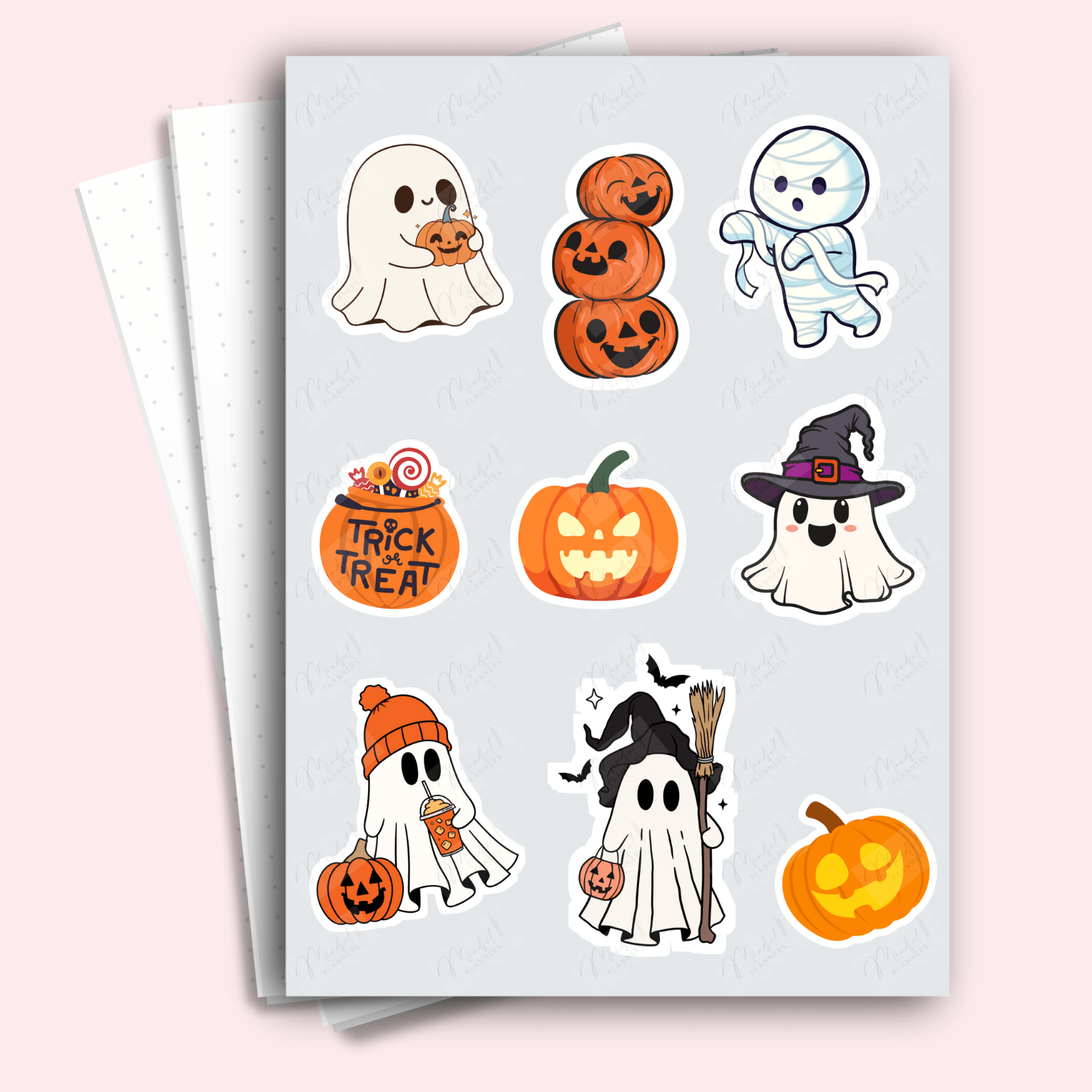 A5 Halloween Sticker Sheet with cute ghosts and pumpkins for journaling