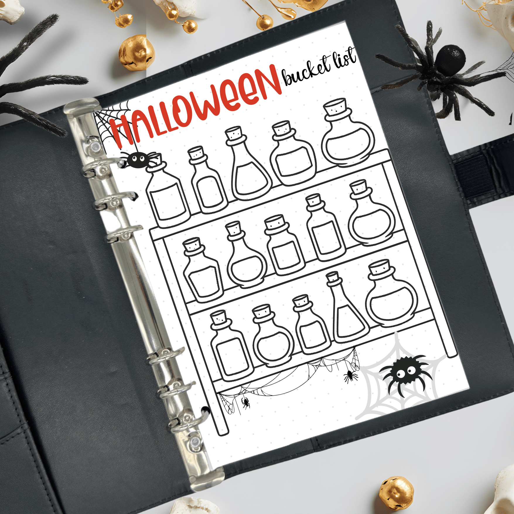 A5 Halloween bucket list journal page with potion bottles for October activities.