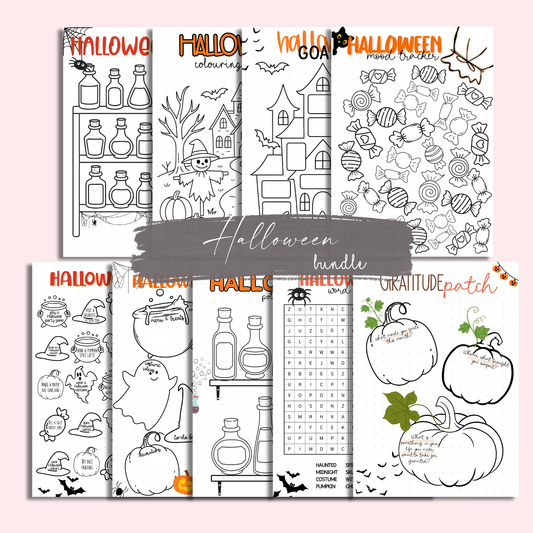 A5 Halloween journal pages bundle featuring nine themed planner inserts.