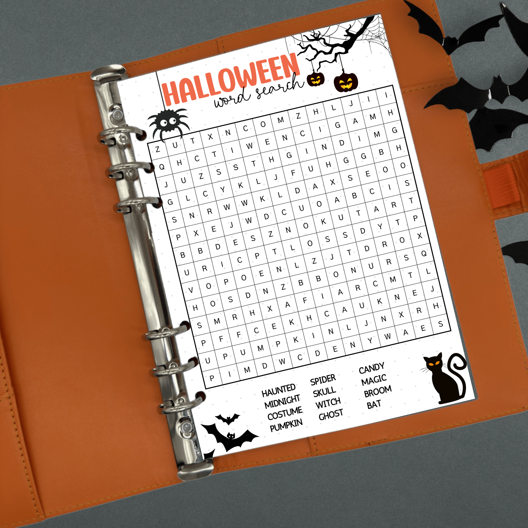 A5 Halloween word search journal page with seasonal spooky words.