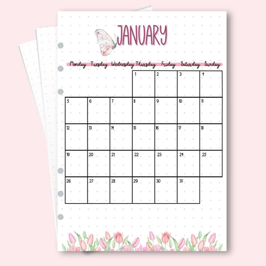 A5 January 2026 calendar page with pink tulips and butterflies for monthly planning