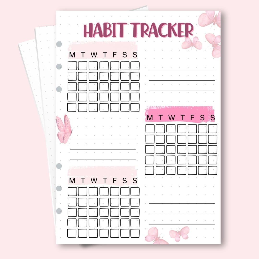 A5 January 2026 habit tracker page with pink tulips and butterflies for gentle habit tracking