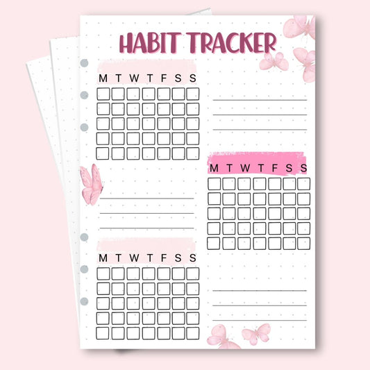 A5 January 2026 habit tracker page with pink tulips and butterflies for gentle habit tracking