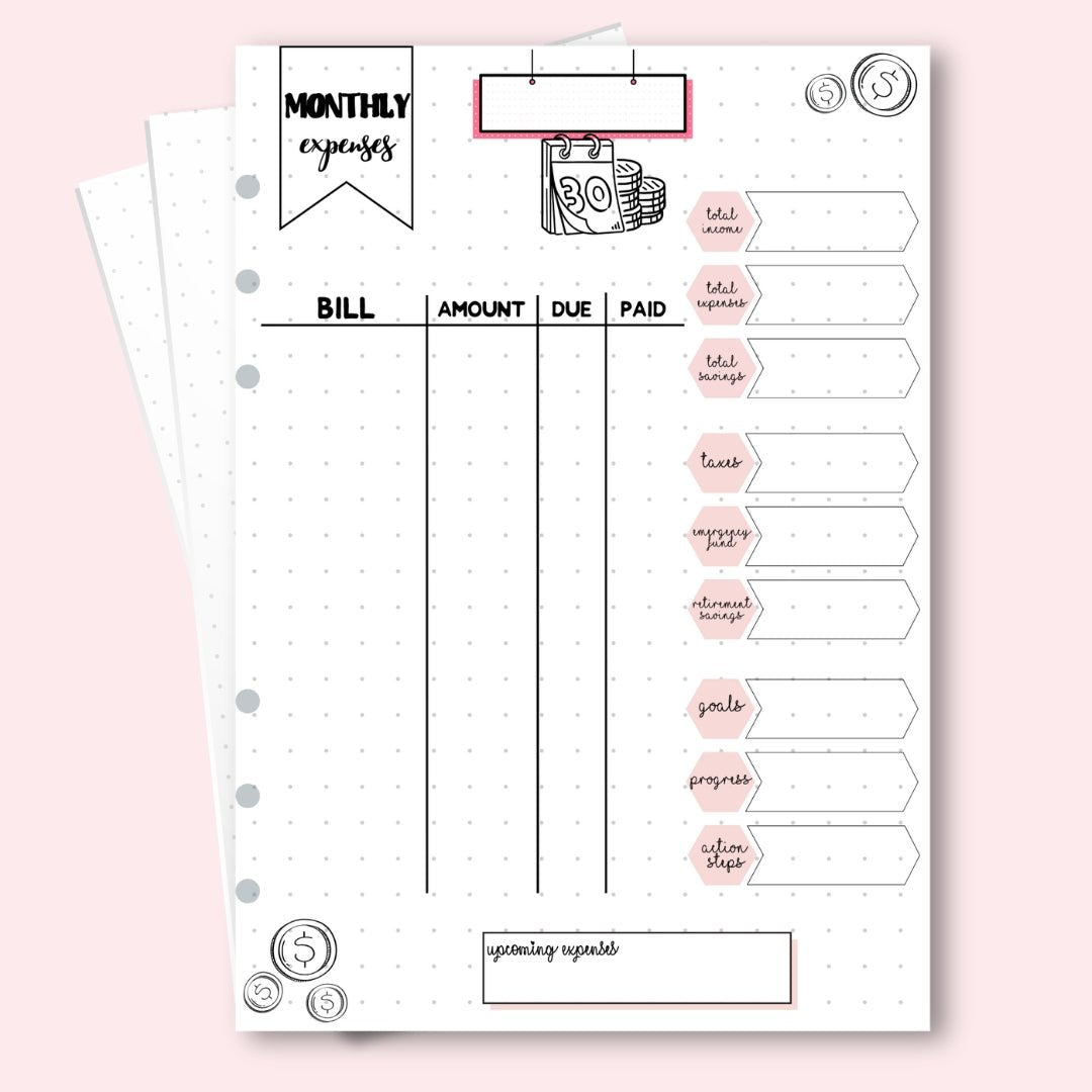 A5 January 2026 monthly expenses page with pink tulips and butterflies for gentle budgeting