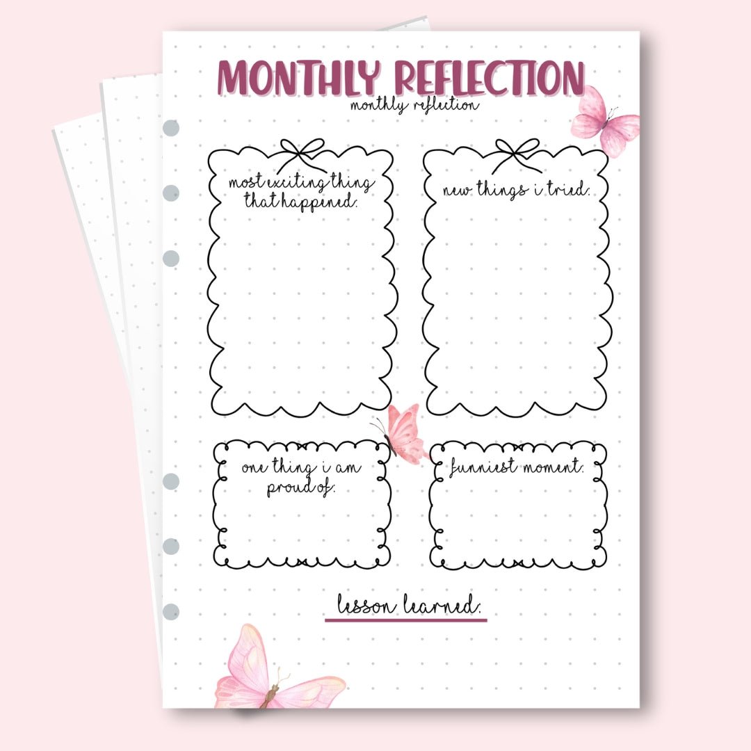 A5 January 2026 monthly reflection page with pink tulips and butterflies for mindful journaling