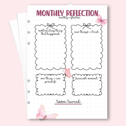 A5 January 2026 monthly reflection page with pink tulips and butterflies for mindful journaling