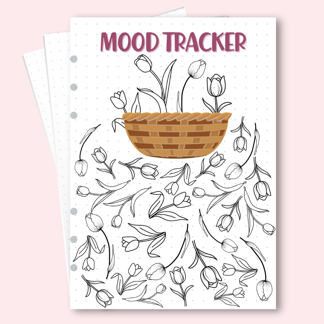 A5 January 2026 mood tracker page with tulip basket and butterflies for mental health journaling