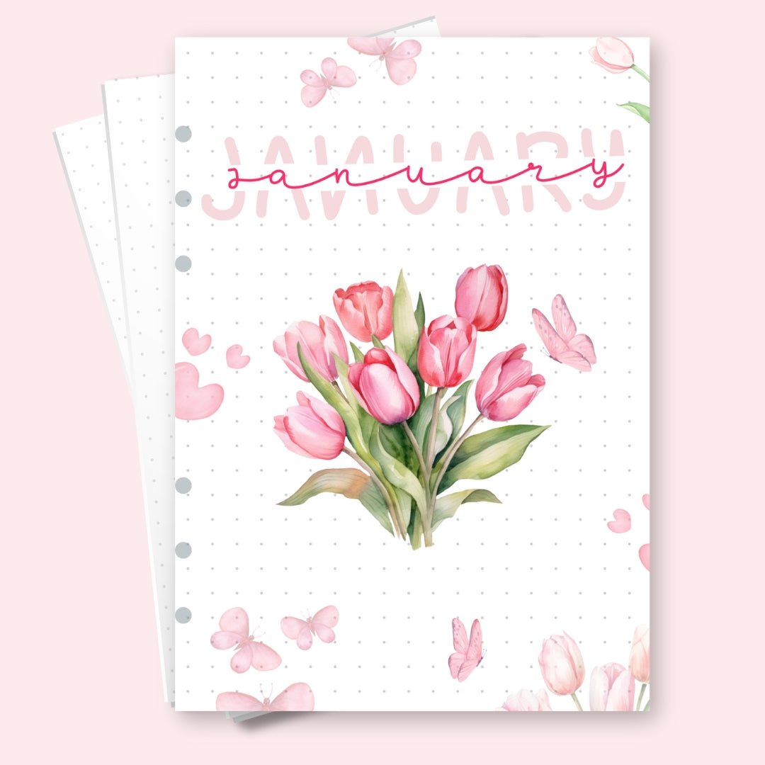 A5 January 2026 planner cover page with pink tulips and butterflies for mindful journaling