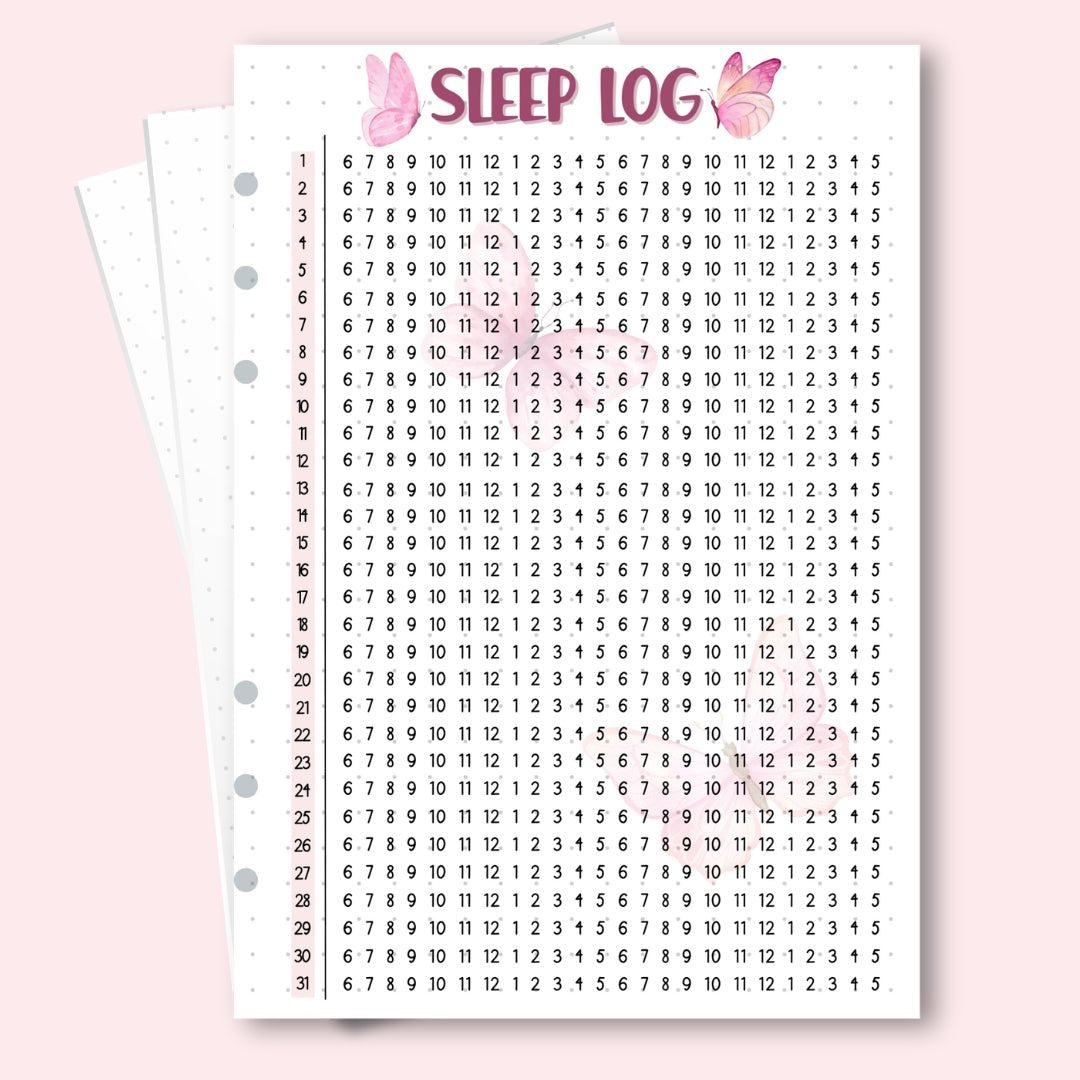 A5 January 2026 sleep log page with pink tulips and butterflies for gentle sleep tracking