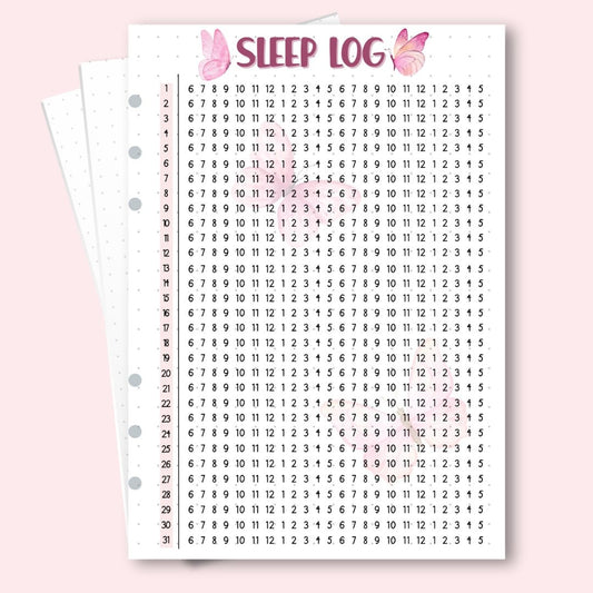 A5 January 2026 sleep log page with pink tulips and butterflies for gentle sleep tracking