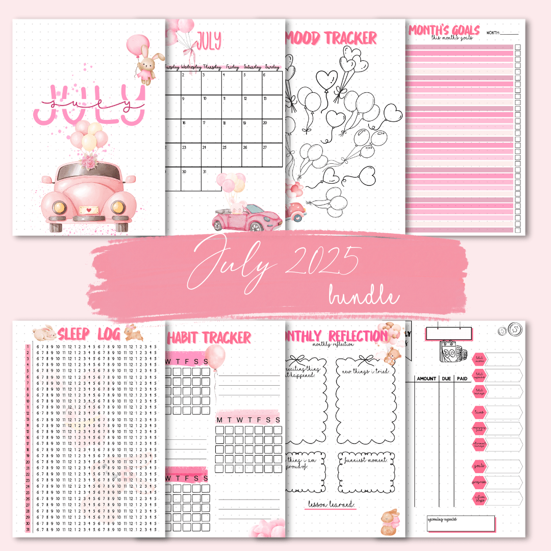A5 July 2025 bullet journal pages pink aesthetic