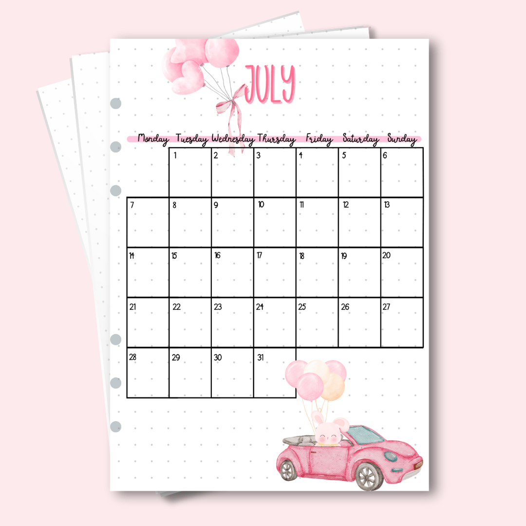 A5 July 2025 calendar page for bullet journal