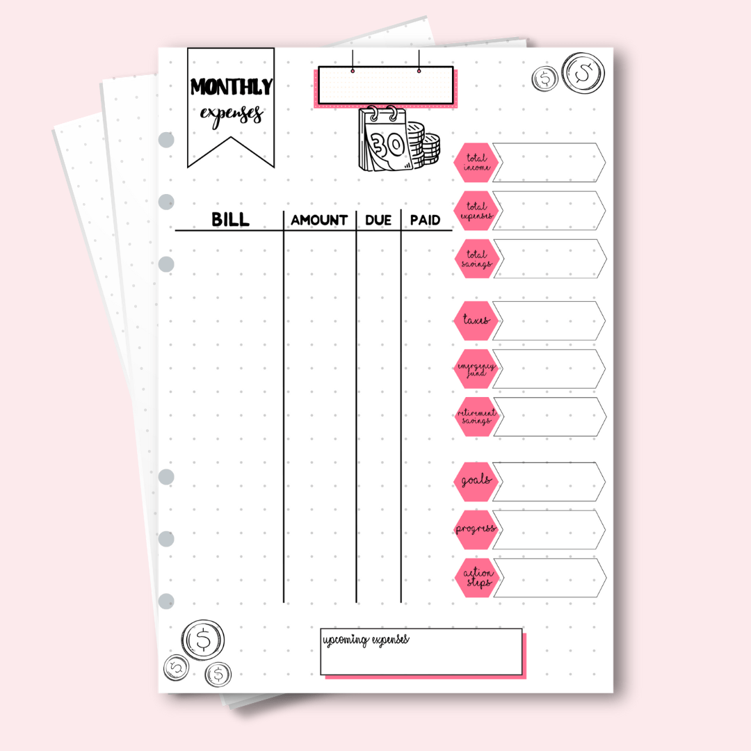 A5 July budget tracker bullet journal insert