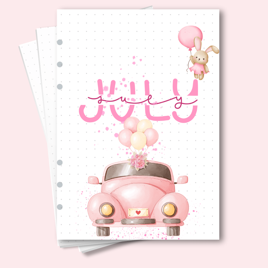 A5 July cover page with pink Beetle car and balloons