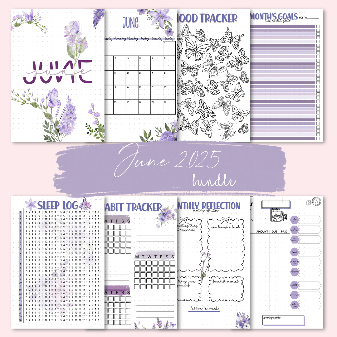 A5 June bullet journal page bundle with 8 themed inserts