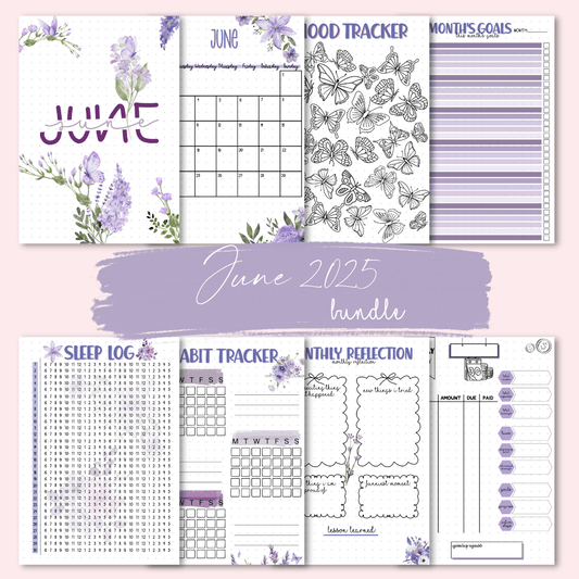 A5 June bullet journal page bundle with 8 themed inserts