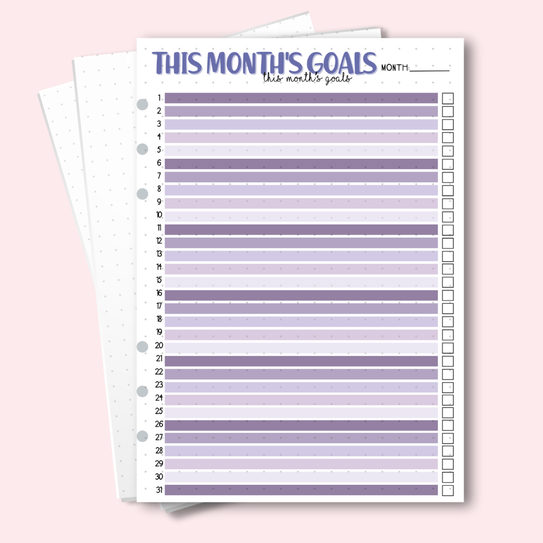 A5 June monthly goals tracker page with tick boxes for achievements