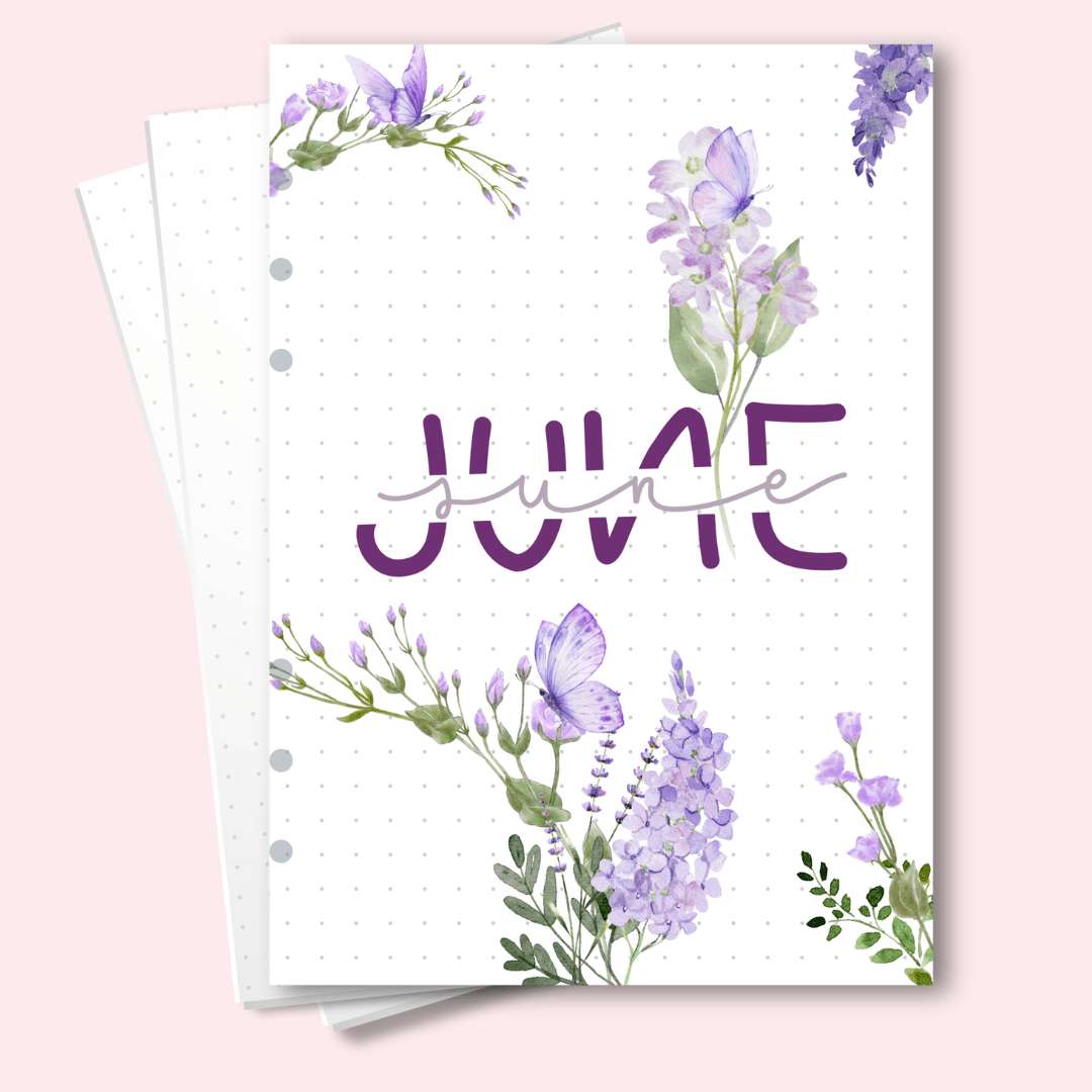 A5 June purple flowers cover page with floral design for bullet journals