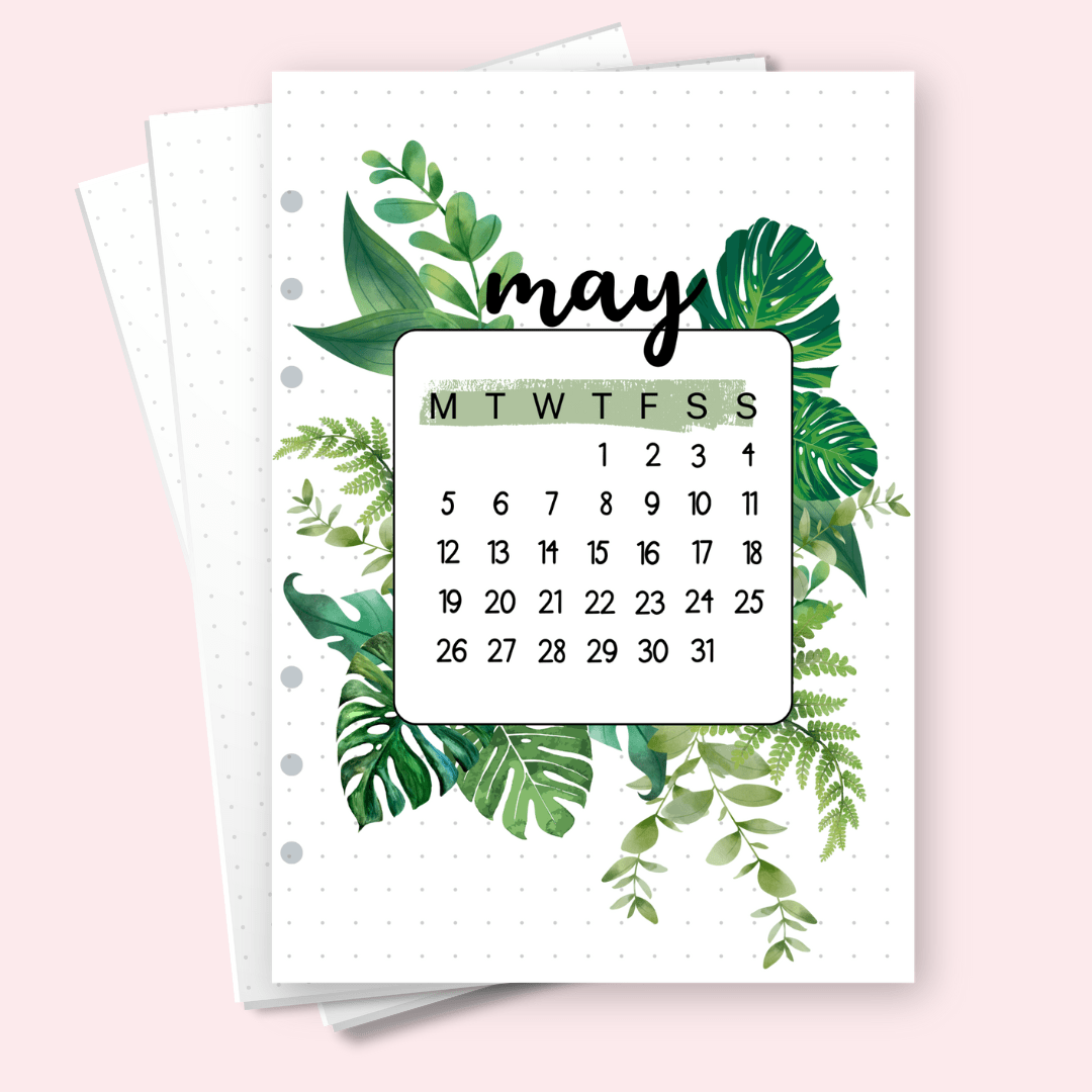 A5 May 2025 calendar page with plants theme for bullet journal