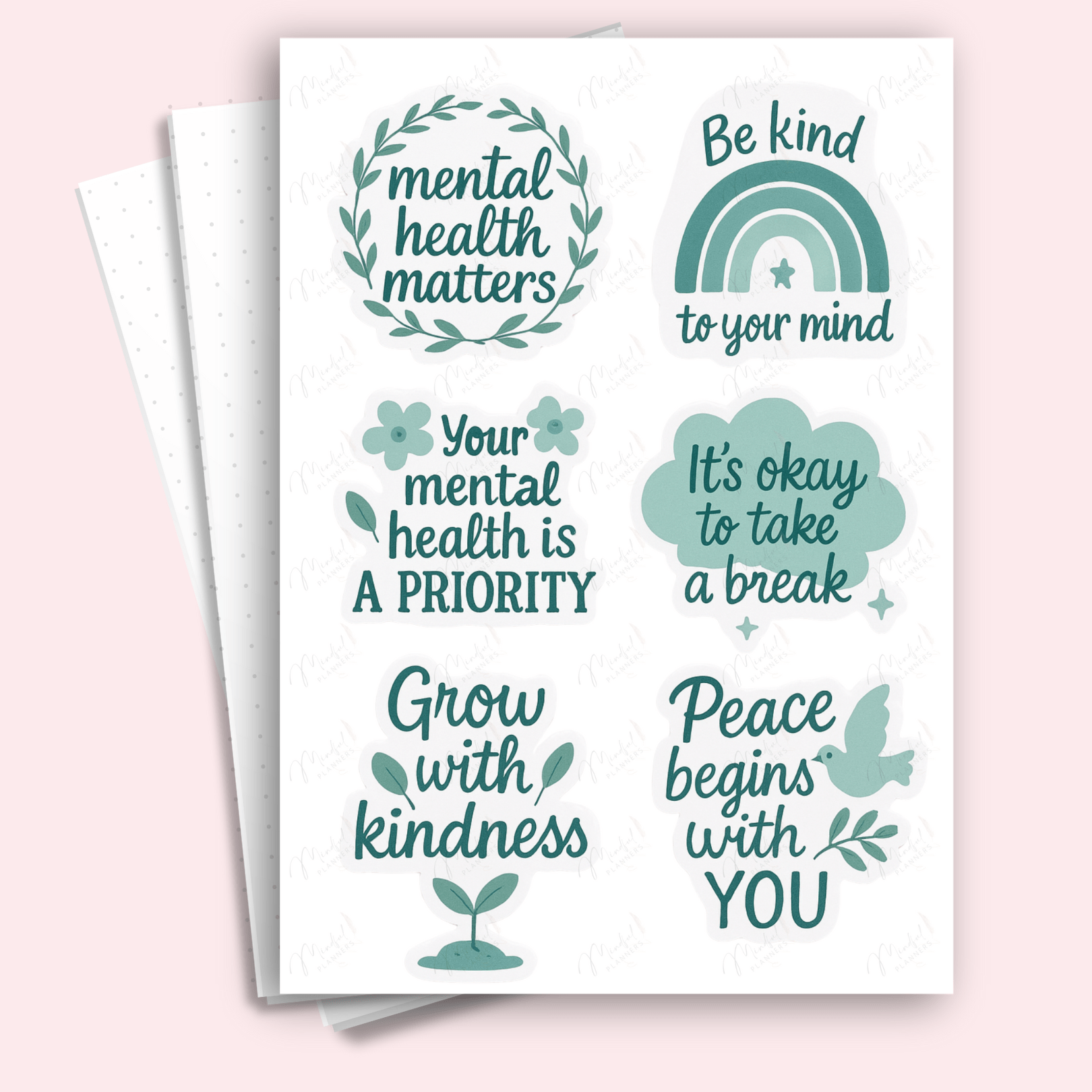 A5 Mental Health & Wellness Sticker Sheet with motivational quotes for journaling