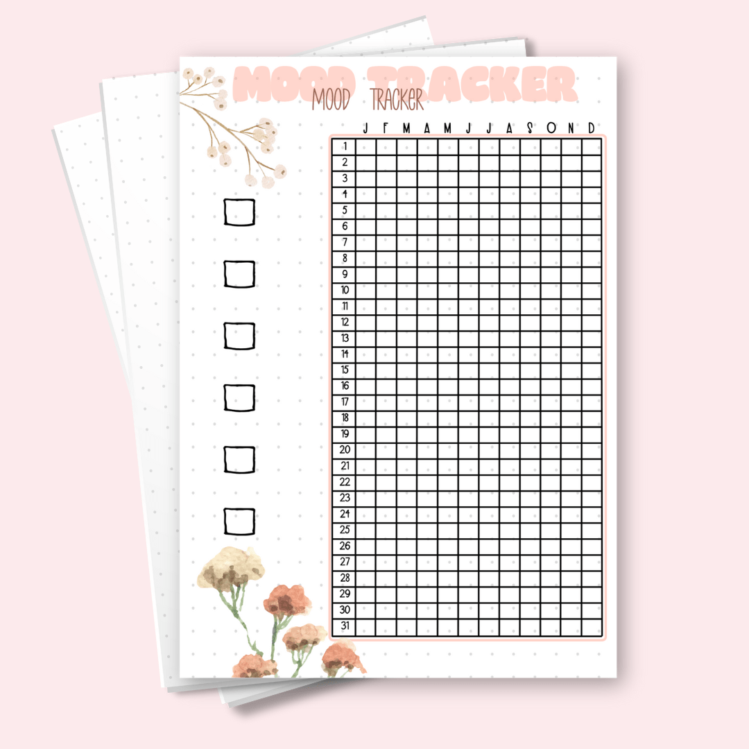 A5 Mood Tracker bullet journal page with yearly grid layout