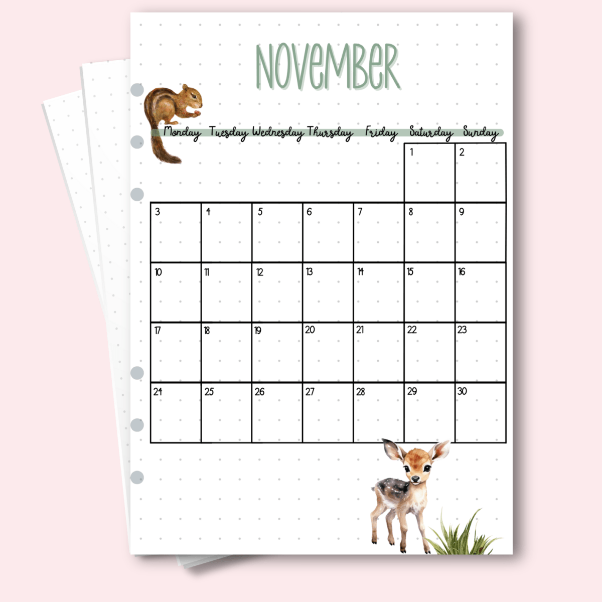 A5 November 2025 monthly calendar page for bullet journal