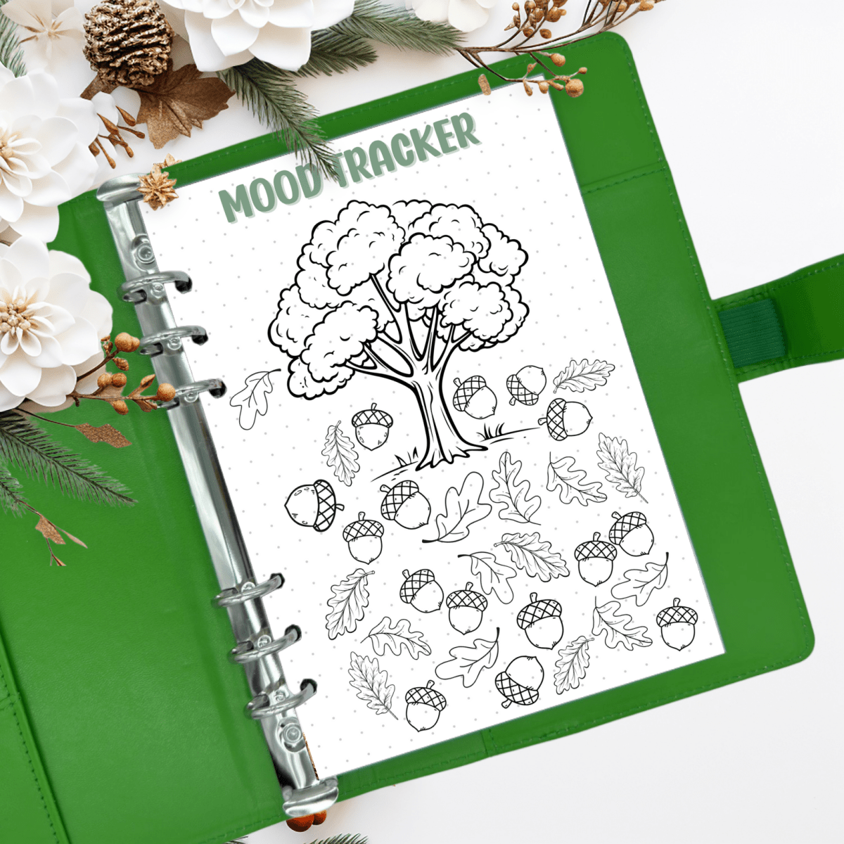 A5 November 2025 mood tracker page with acorns and leaves