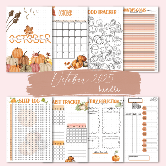 A5 October 2025 journal pages bundle featuring eight planner inserts