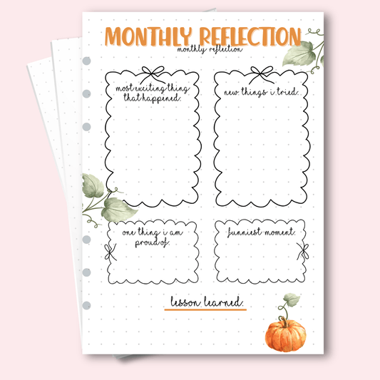 A5 October 2025 reflection journaling page with pumpkin illustrations