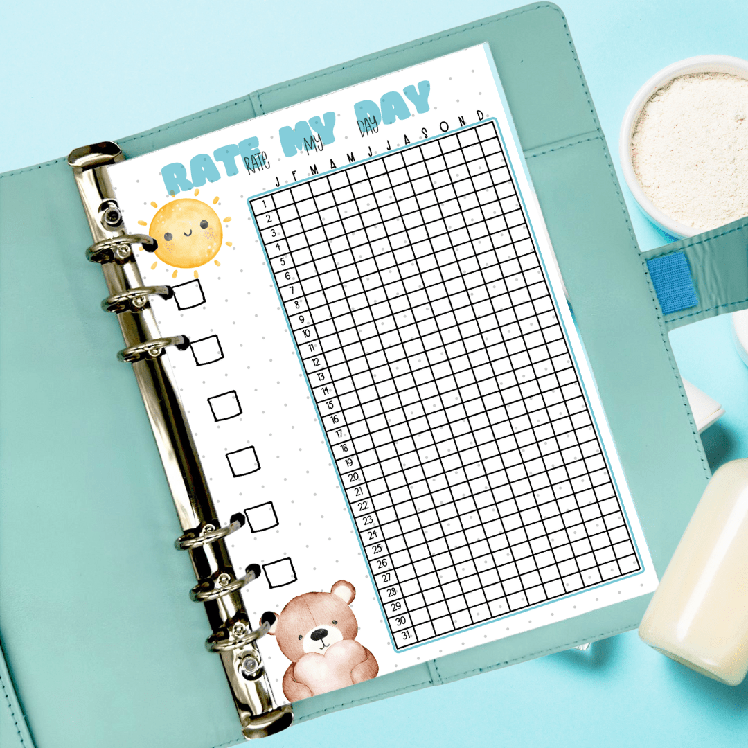 A5 Rate My Day tracker journal page on linen desk — anxiety bullet journal insert