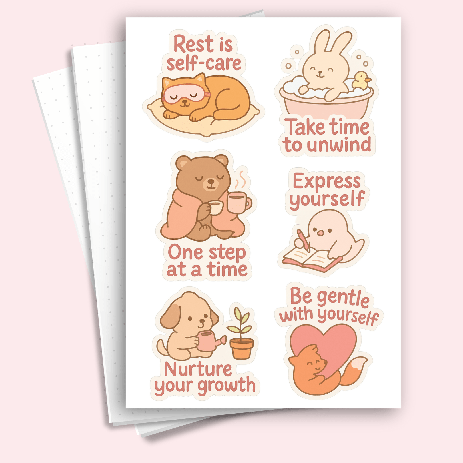 A5 Self-Care Animals Sticker Sheet with fox and rabbit designs for bullet journals