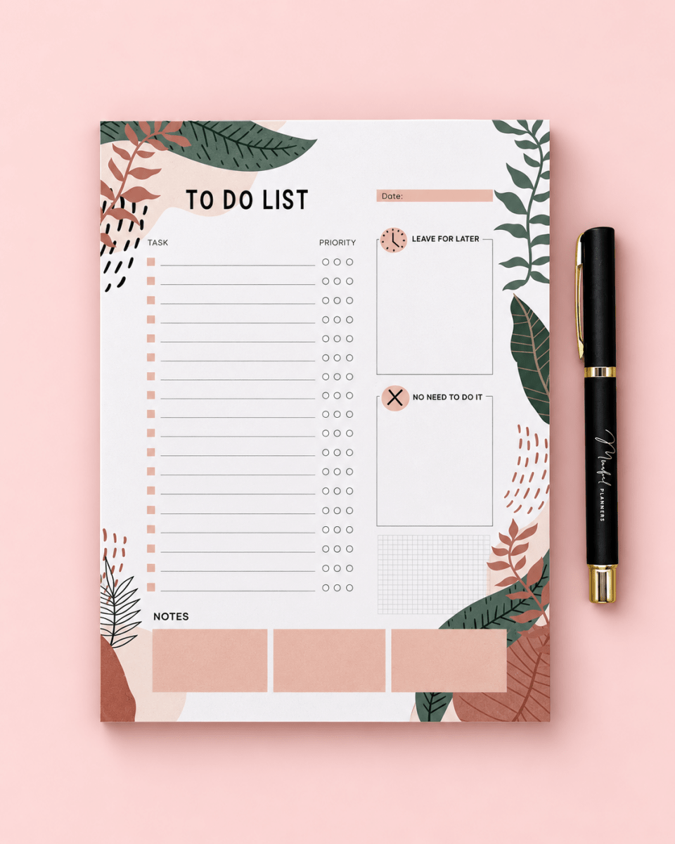 A floral to-do list planner pad with a black pen, styled flat-lay on a solid pink background.