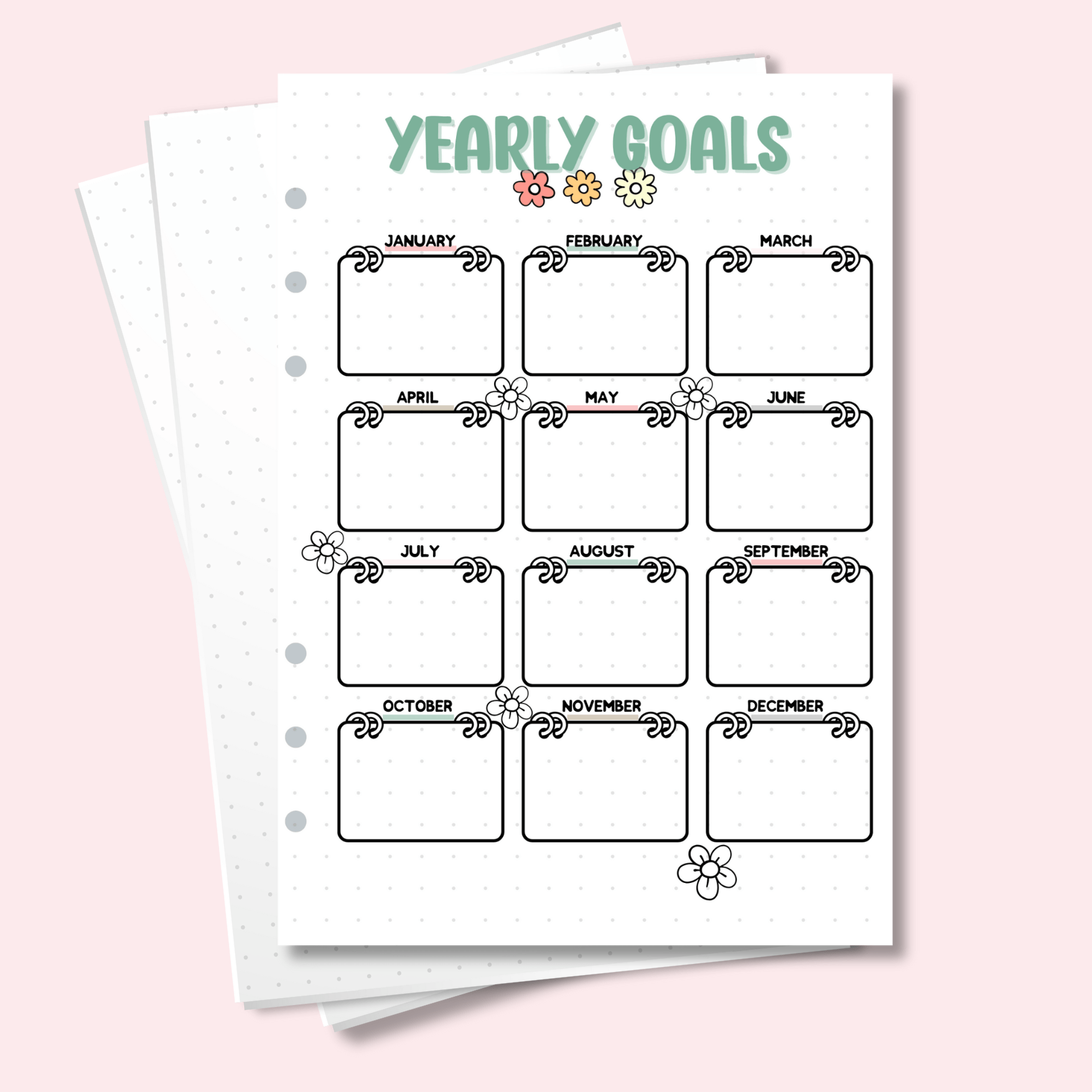 A5 Yearly Goals Journal Page with 12 monthly calendar blocks